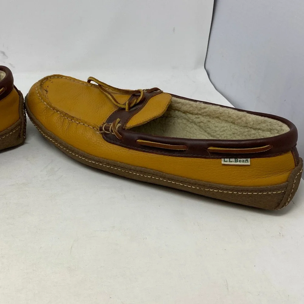 LL Bean Mens Wicked Good Slippers 12 Medium Yellow Leather Shearling Moccasin